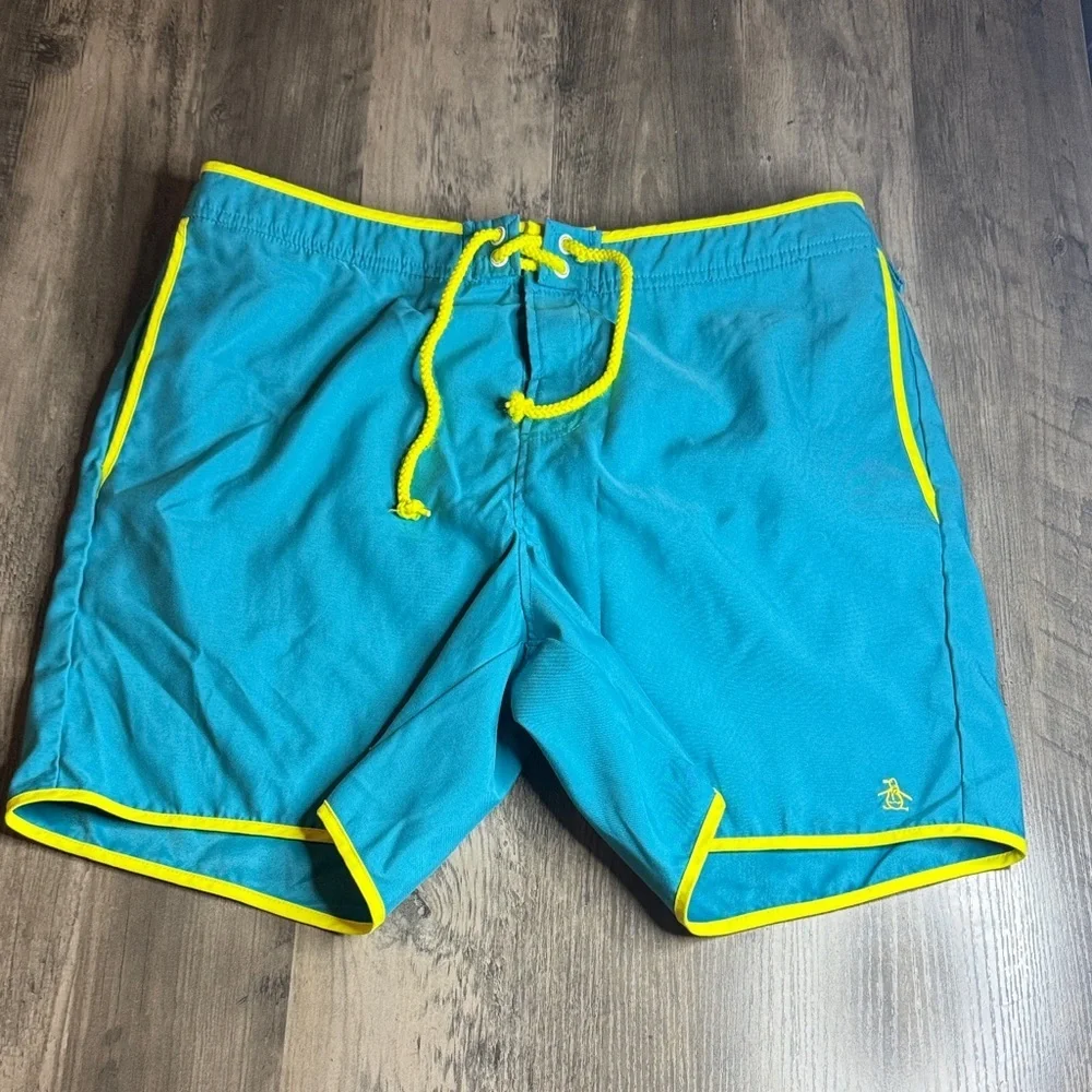 Original Penguin Turquoise Swim Trunks with Yellow Trim